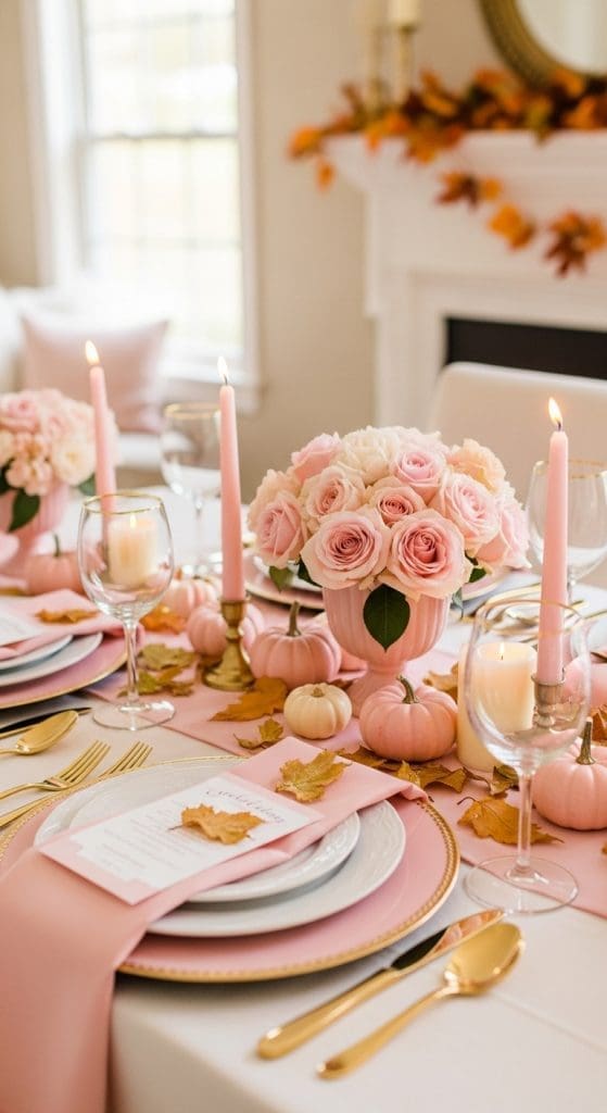 rose hold placemats and white plates on a pink fall decorated dining table