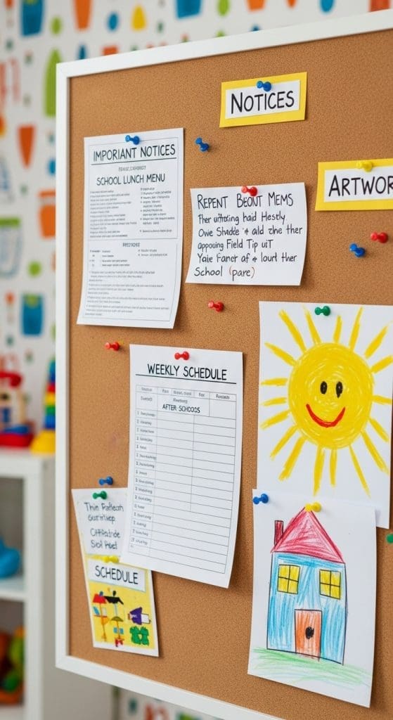 corkboard hanging up for kids schedules, artwork etc