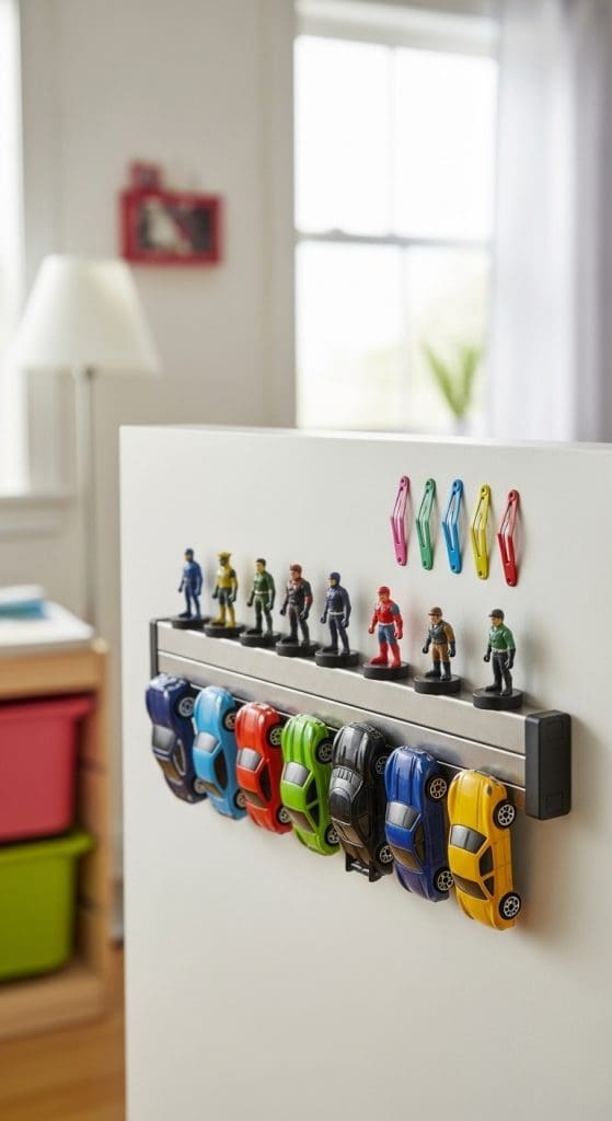 magnetic strip on the wall for toy cars and small soldiers for kids organization