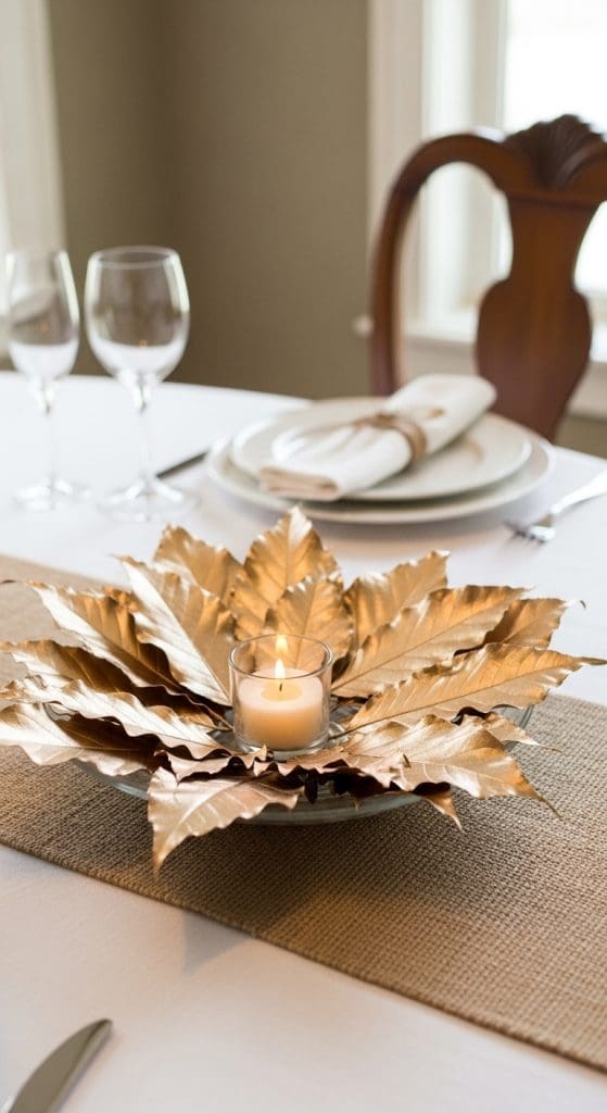 shallow bowl with gold leaves and small candle on table