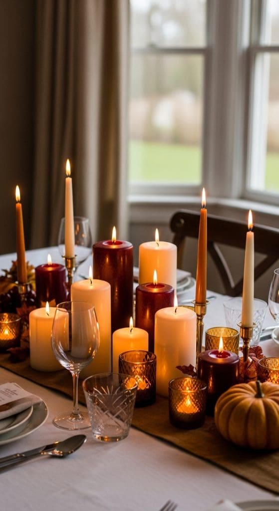 different height candles on a fall table decor