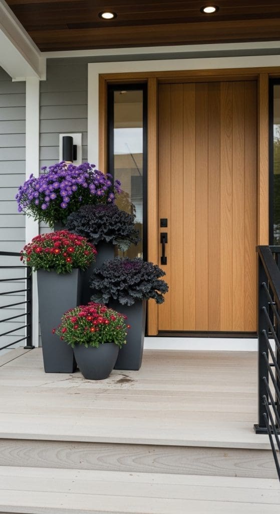 modern front porch with black planters and fark purple and black flowers
