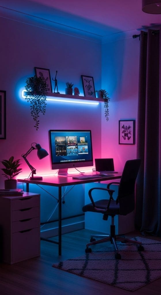 pink and blue neon strips under desk and shelf in office
