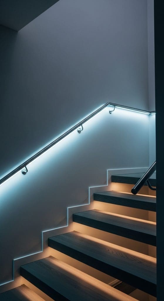 white neon light under railing of stairs