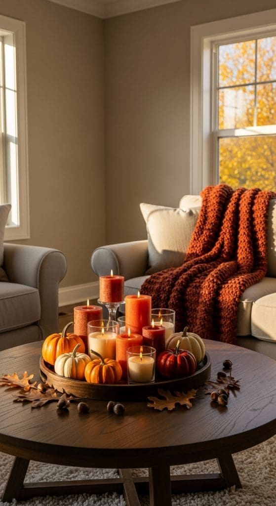 Round Coffee Table Fall Decor tiered candles on brown round coffee table