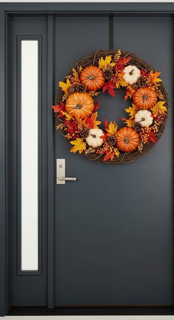 wooden wreath with mini pumpkins and autumn leaves