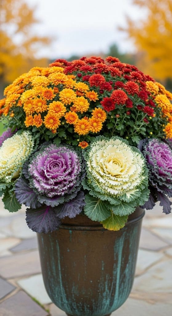 moms mixed with ornamental kale in a rustic plant pot