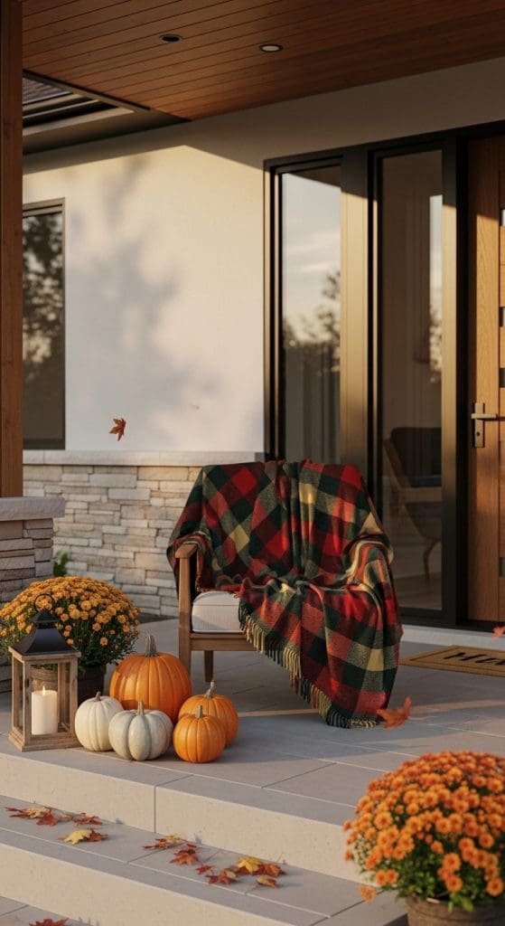 plaid blanket on a modern accent chair on a fall decor front porch