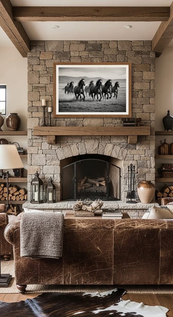 black and white photo of horses running hanging above a stone fireplace mantle