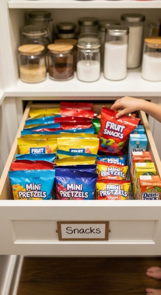 a dedicated snack draw in a pantry for kids snacks