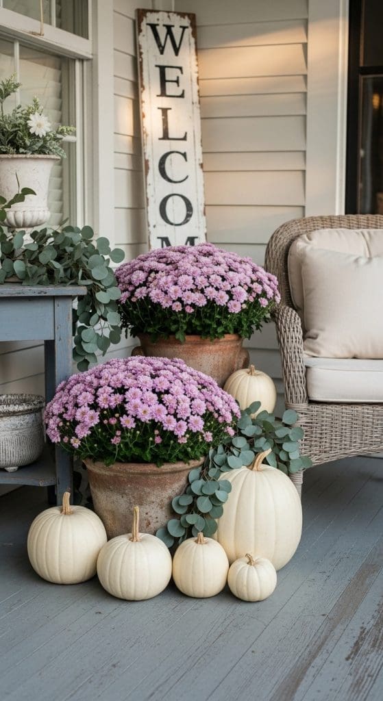 soft pastel colors of purple and white on front porch with welcome sign