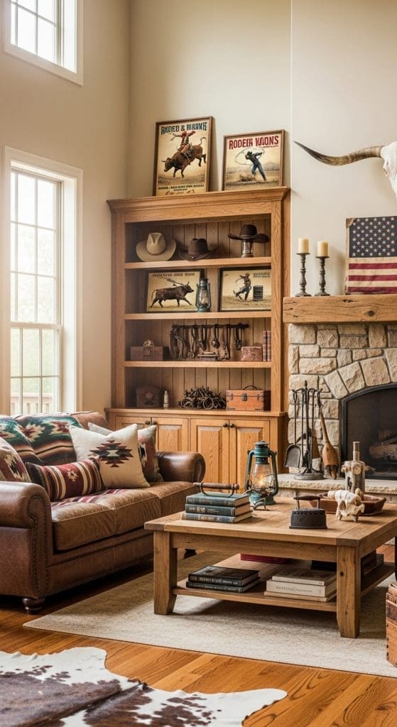 rodeo style paintings on open shelves in living room