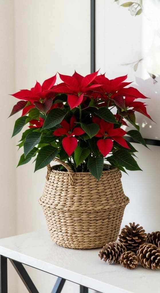 Poinsetties in a wicker basket in the hallyway