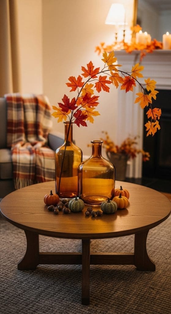 two amber vases on a round wooden coffee table with small mini pumpkins
