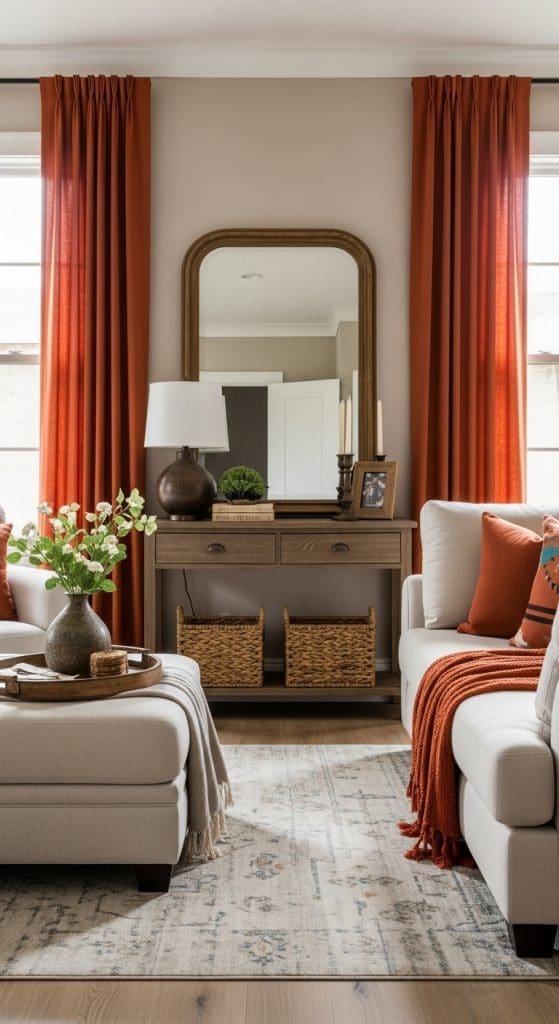 Deep oranges and taupes in a neutral style living room