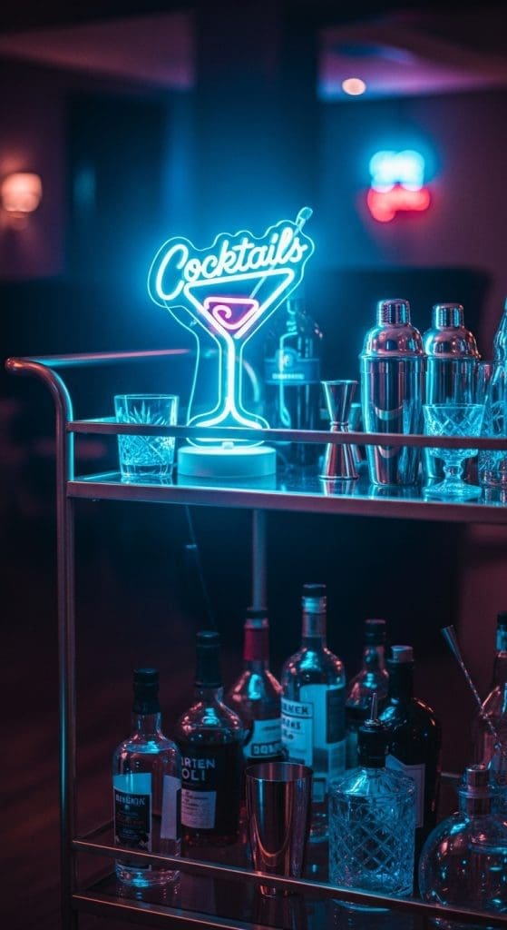 a neon cocktail sign on a bar cart