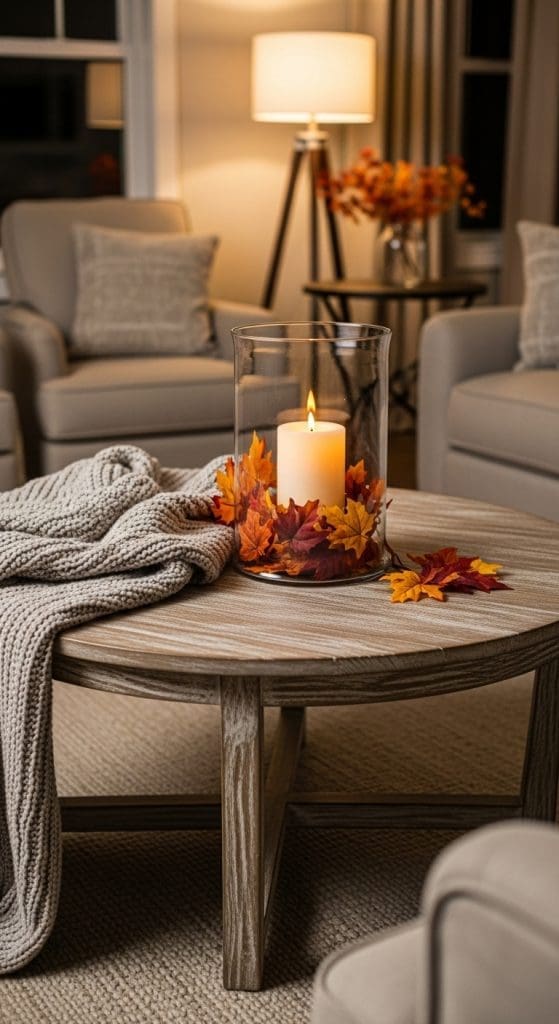 Hurricane glass with pale candle inside and autumn leaves on a round coffee table
