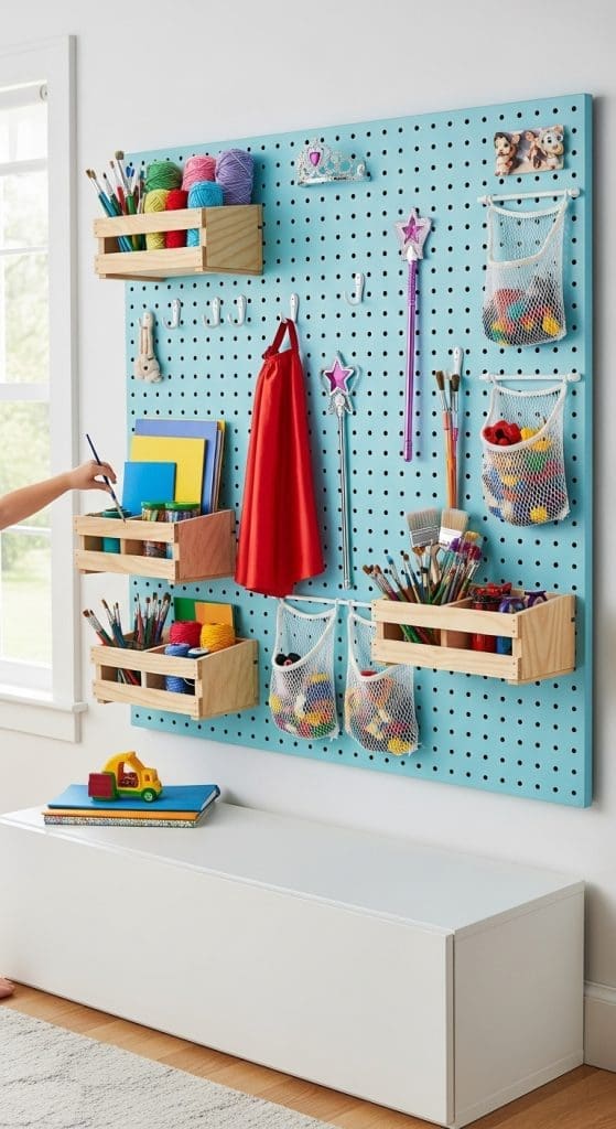 blue pegboard to help organize kids toys and art works