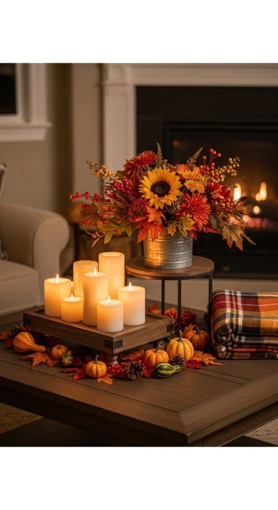 split level centrepiece with candles, fall flowers and throw on a Rectangle Coffee Table