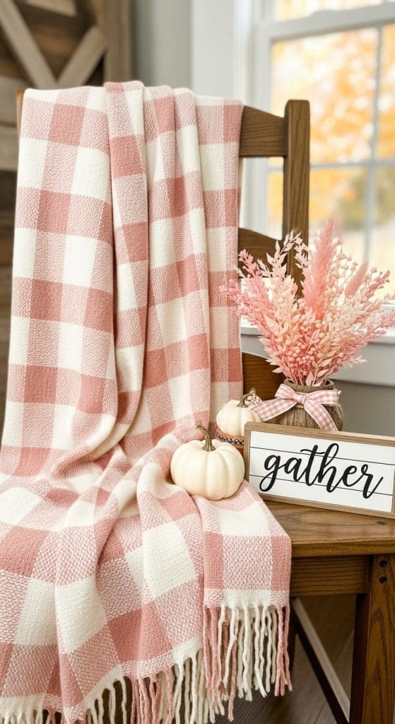 plaid pink throw on the back of a chair with fall dried florals and white pumpkins