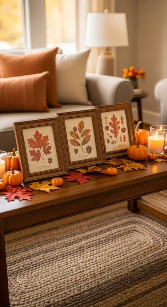 three pictures of fall prints in wooden frames on a wooden Rectangle Coffee Table