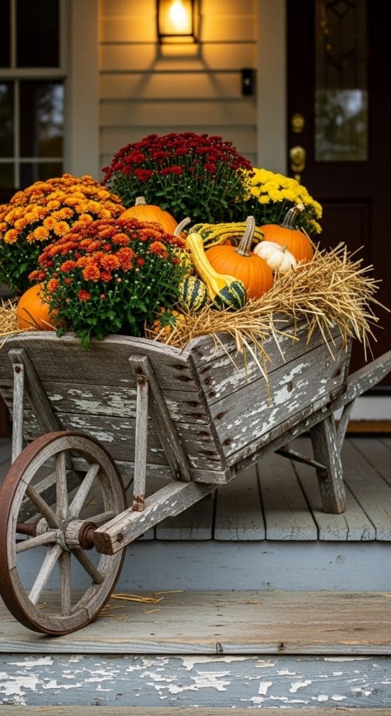 harvest wheelbarrow, vintage style wheelbarrow with fall flowers and pumpkins on front porch