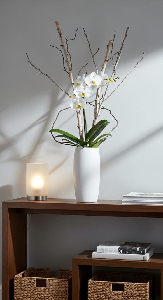orchid with birch stems on entrywat table in white vase
