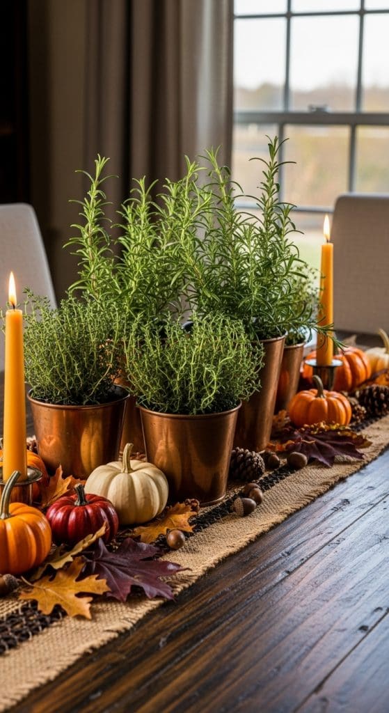 copper plant holders on a dark brown wood table with mini orange pumpkins