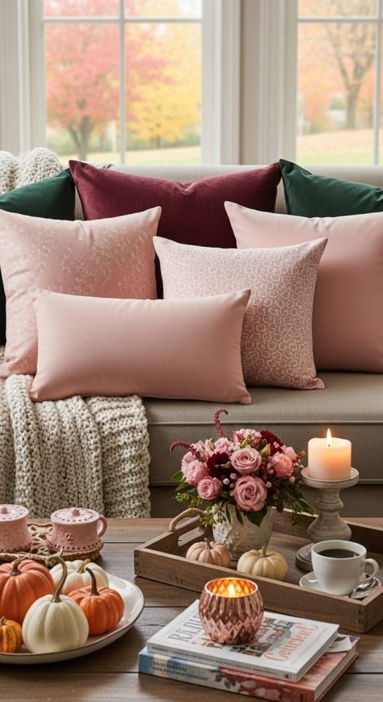 Pink and forest green pillows on a beige sofa in a living room decorated with fall decor