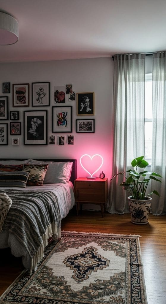 a pink neon heart nightstand in bedroom
