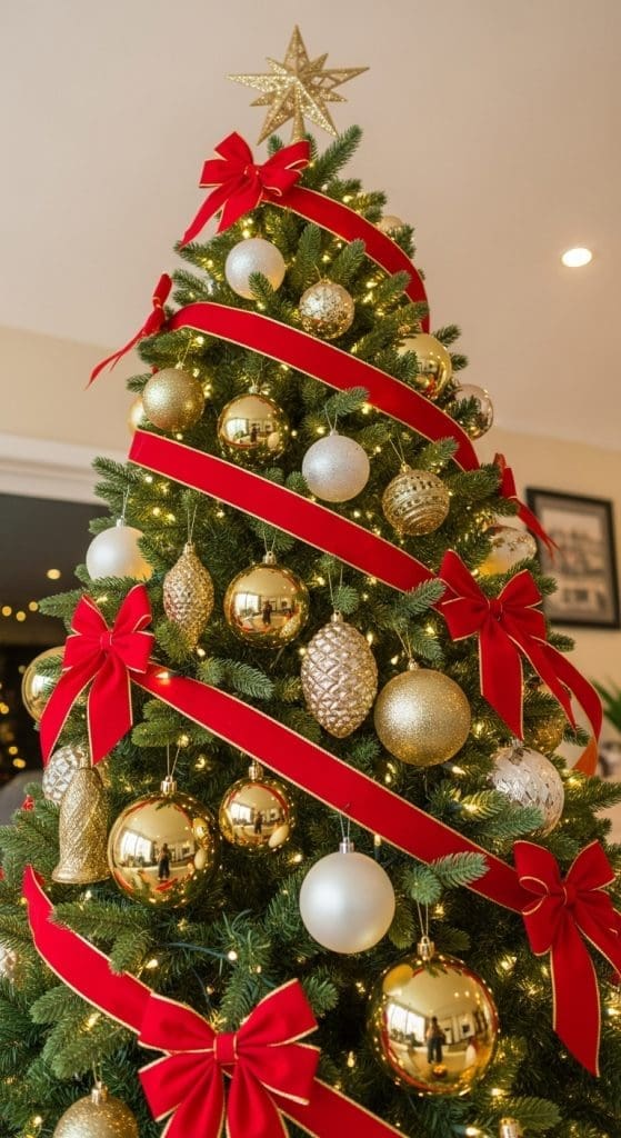 christmas tree with bold red ribbon wrapped around