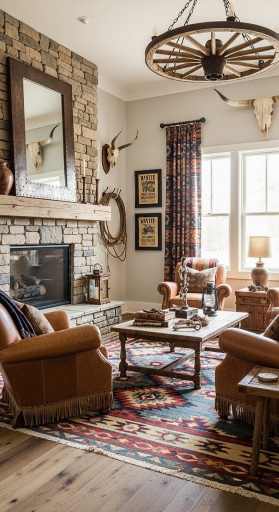 stone fireplace in a rustic living room