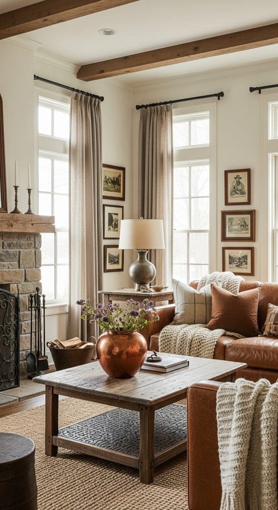 Copper, brass and metal elements in a rustic living room