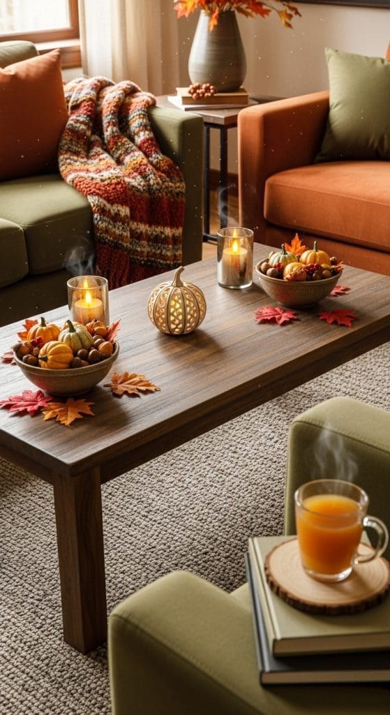 Rectangle Coffee Table Fall Decor two matching bowls and autumn leaves