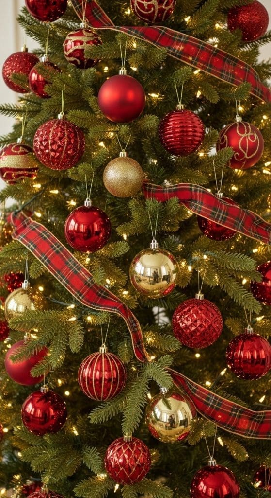 Christmas tree with red and gold decor