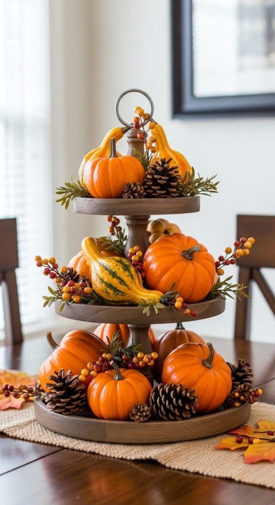 tiered cake stand with mini pumpkins layered on top