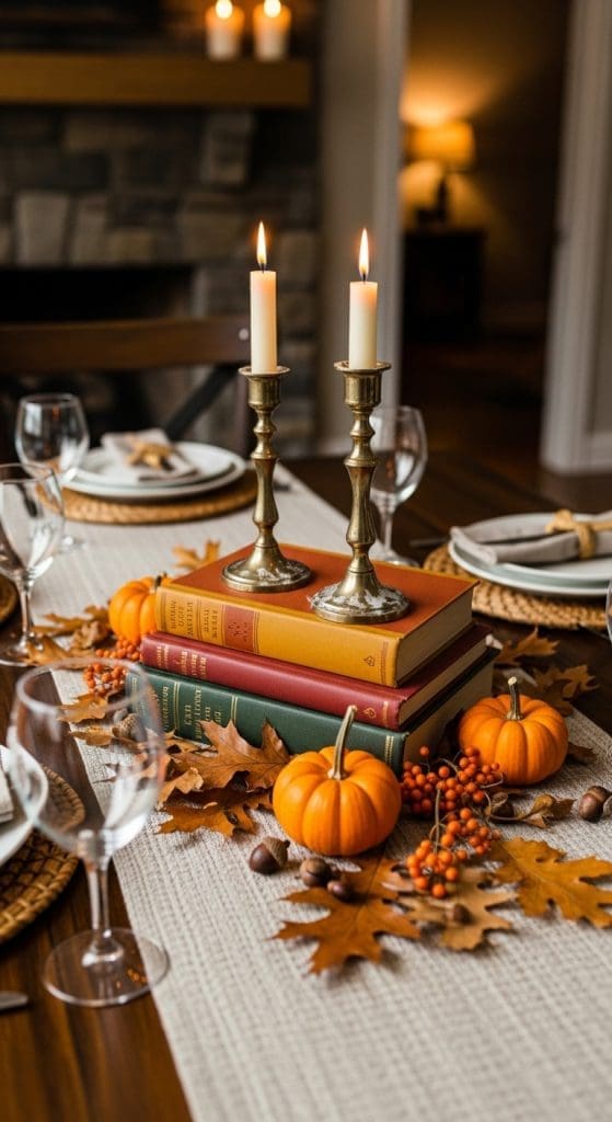 stacked vintage books as a centrepice on a fall table with brass candle holders