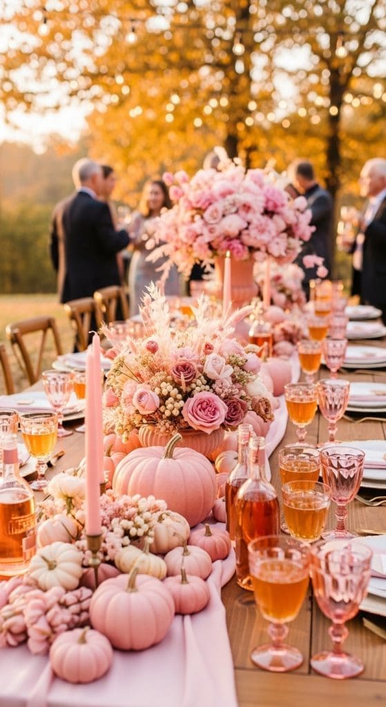 pink tinted glasses on an outdoor table decorated with pink fall decor