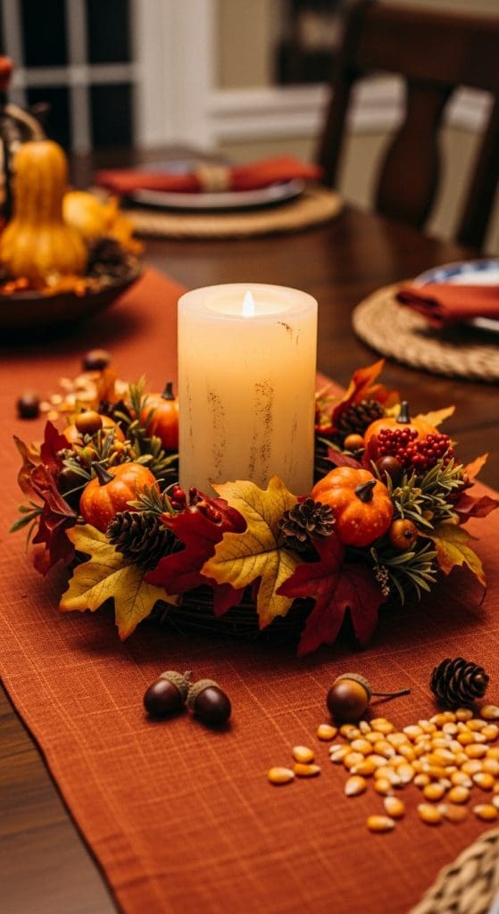 fall style wreath with pillar candle in centre on table
