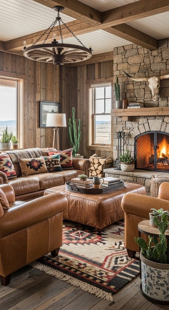 brown leather furniture in a rustic western themed living room