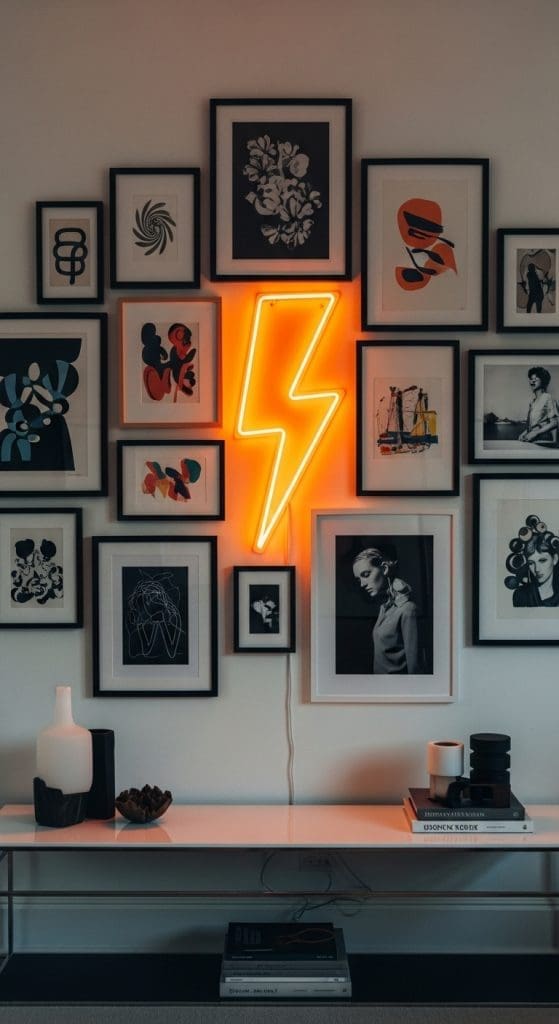 a orange neon light in the middle of a gallery wall