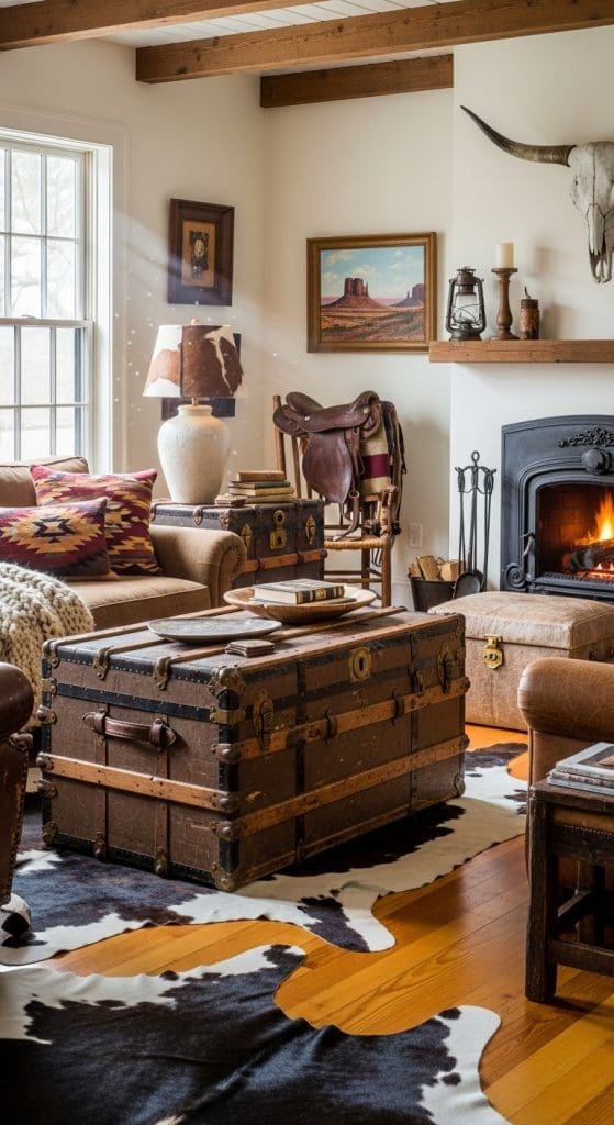 vintage leather trunk is used as a center table in living room