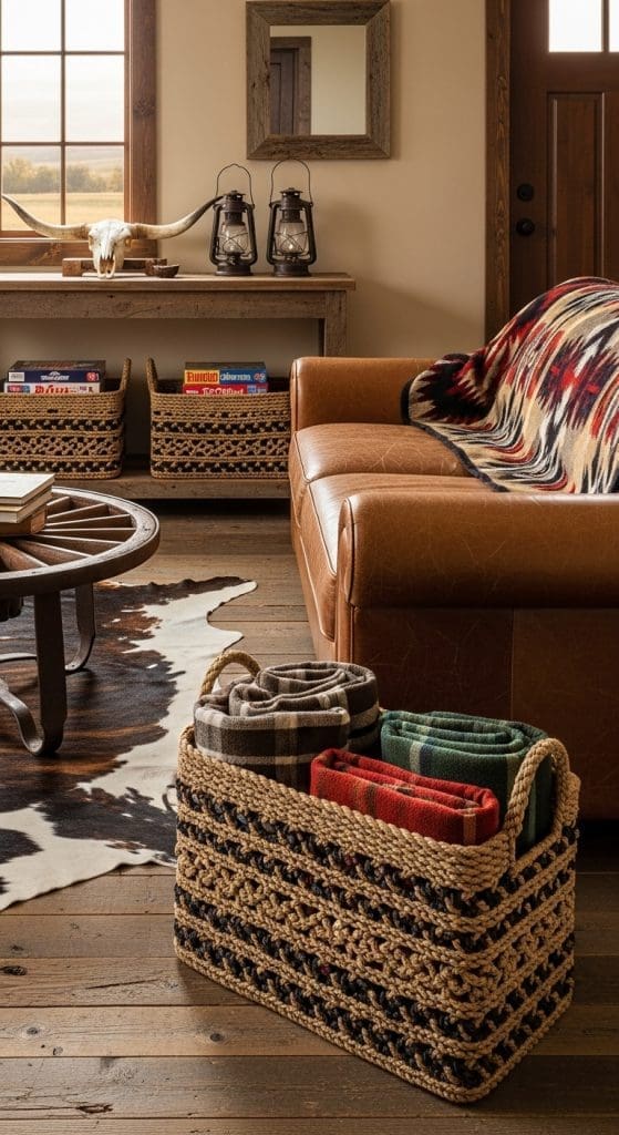 black and beige woven baskets with plaid blankets