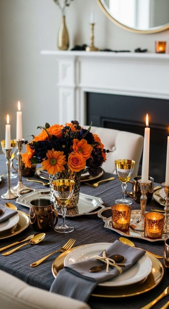 dining room table with metallic accent wine glasses and an orange and black bouquet of flowers.