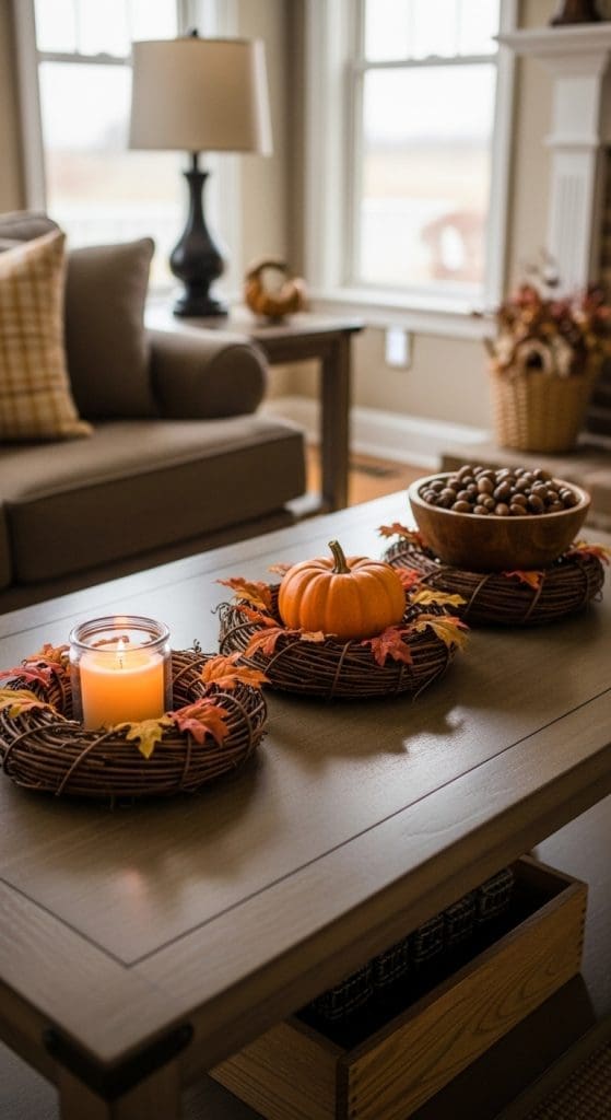three wicker wreaths with different fall decor on a Rectangle Coffee Table