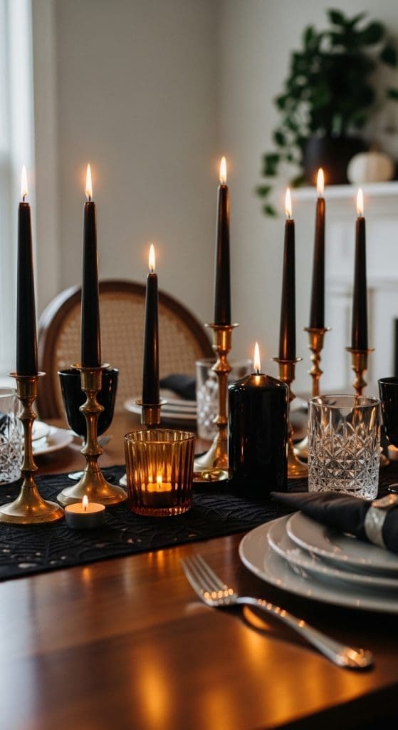 taper candles in gold candle holders on a black lace runner on a dining room table