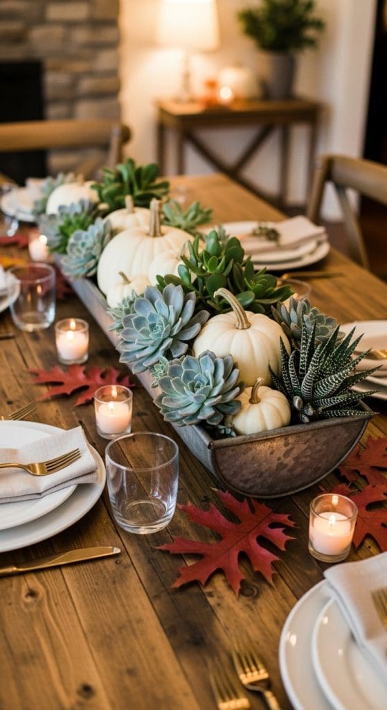 metal trough on a rustic table filled with greenery and white pumpkins