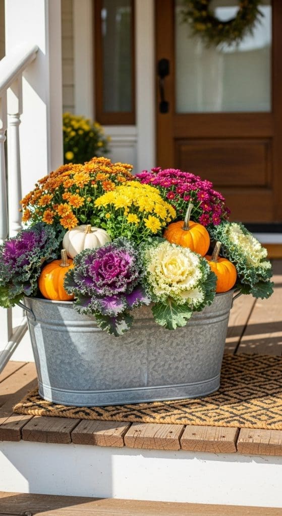 galvanized bucket with decorative cabbage and mini white and orange pumpkins