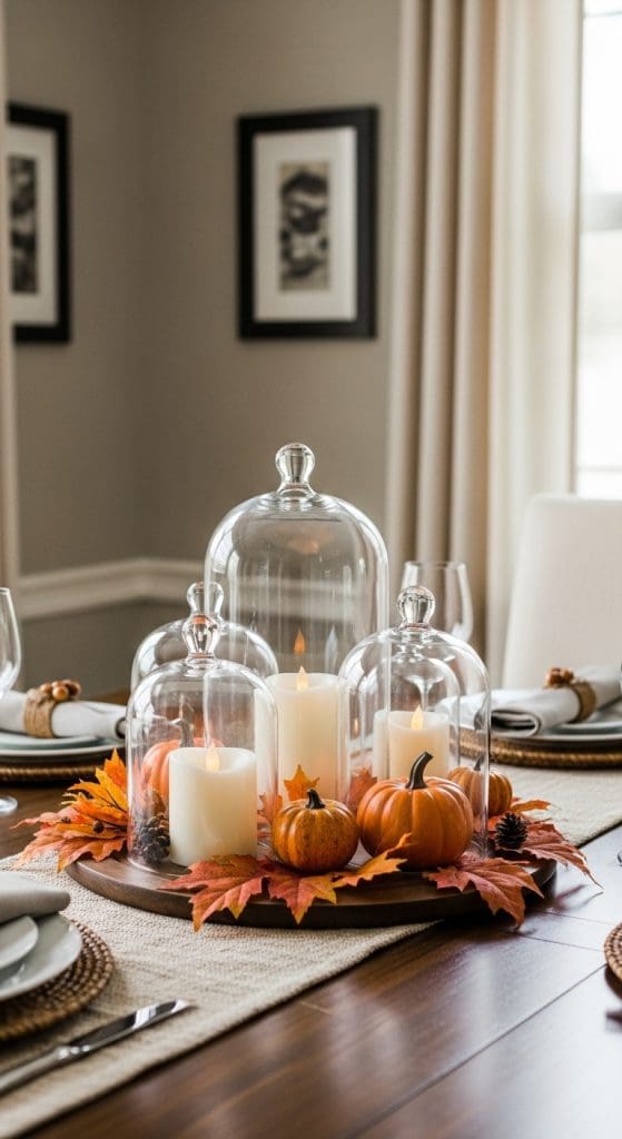 glass cloche holders with LED candles on a wooden tray as a fall centrepiece