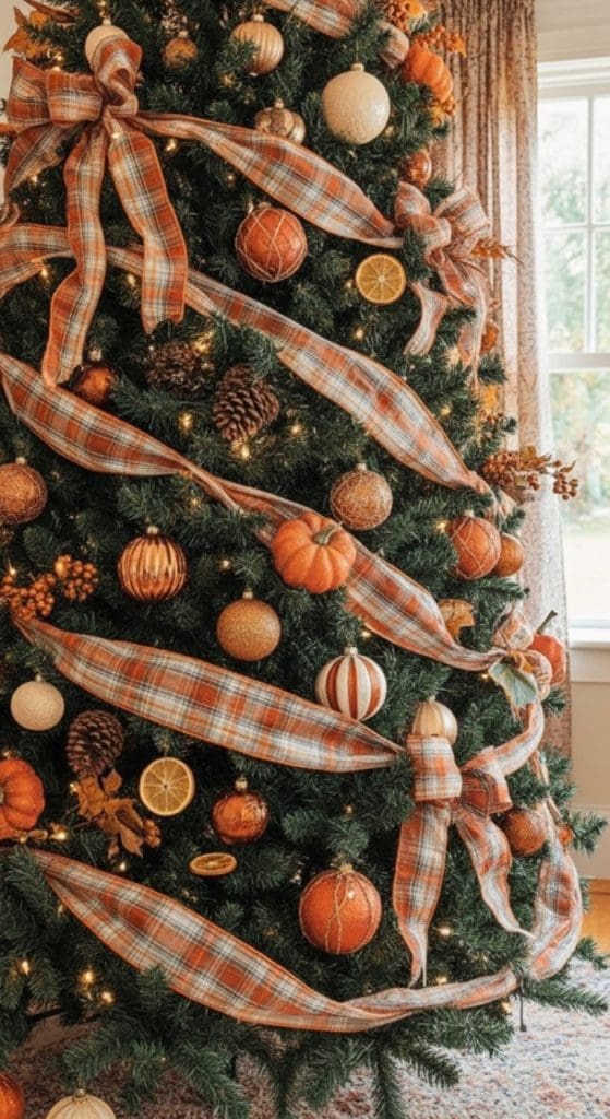 green tree decorated with burlap ribbon, orange ornaments and small pumpkins